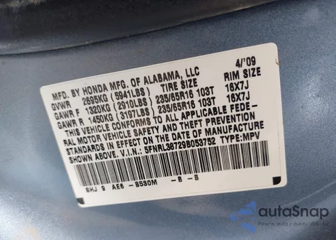 2009 Honda Odyssey Ex-L from USA, damaged, VIN 5FNRL38729B053752